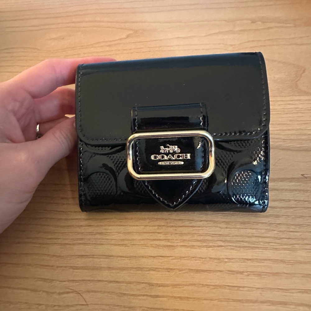 Coach Black Patent Leather Wallet with Gold Buckle